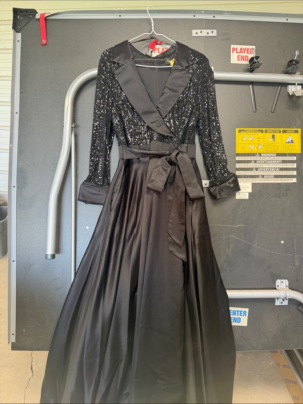 Xscape Black Sequin Bodice Satin-Waist Long Sleeve Gown